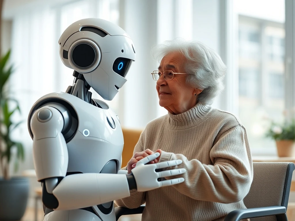 The GR-3 Humanoid Robot, a soft-designed GR-3 Humanoid Robot, assisting an elderly individual, symbolizing its role in compassionate care.