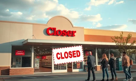 A 'Closed' sign hangs on a discount grocery store door, symbolizing recent grocery chain closings and their impact on local communities.