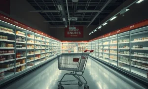 Empty grocery store closures due to rising theft and security concerns affecting retail operations