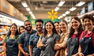 Happy grocery workers benefiting from enhanced support, symbolizing the positive impact of new grocery worker benefits across the industry.