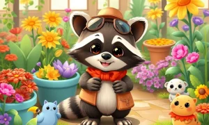 Playful Grow A Garden Raccoon pet in vibrant virtual garden setting