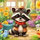 Playful Grow A Garden Raccoon pet in vibrant virtual garden setting