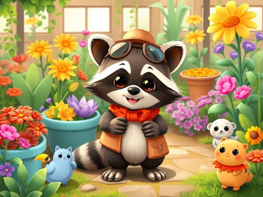 Playful Grow A Garden Raccoon pet in vibrant virtual garden setting