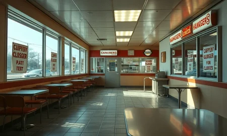 Hamburger chain closures affecting empty restaurant with closed signs