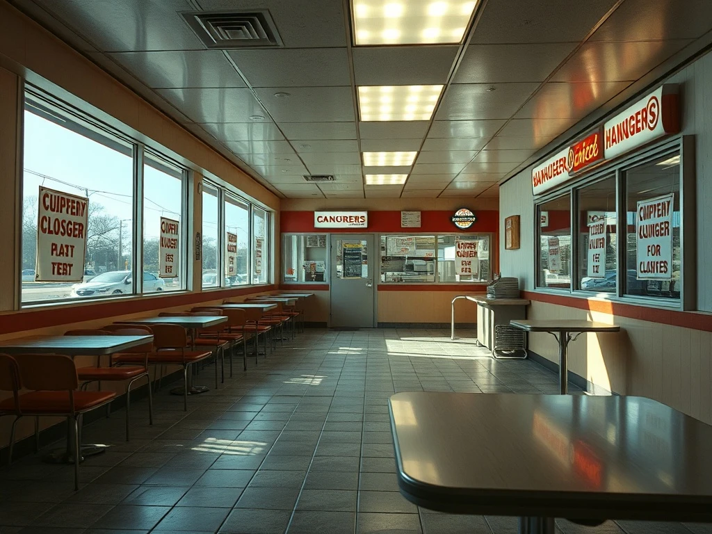 Hamburger chain closures affecting empty restaurant with closed signs