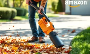 Powerful handheld leaf blower in action, clearing leaves efficiently, highlighting its ease of use and great value from Amazon.