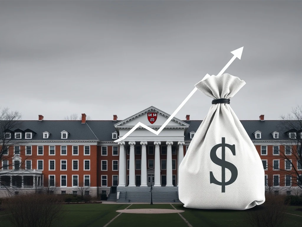Harvard University buildings with a downward financial arrow, symbolizing the potential Harvard Endowment shrink from White House policies.