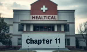 Distressed healthcare facility signaling a Chapter 11 healthcare bankruptcy filing.