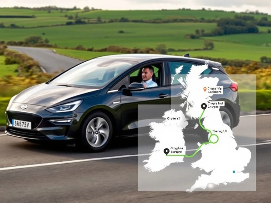 A Hertz electric vehicle confidently navigating a scenic route, powered by the Hertz EV Route Planner for a stress-free journey.