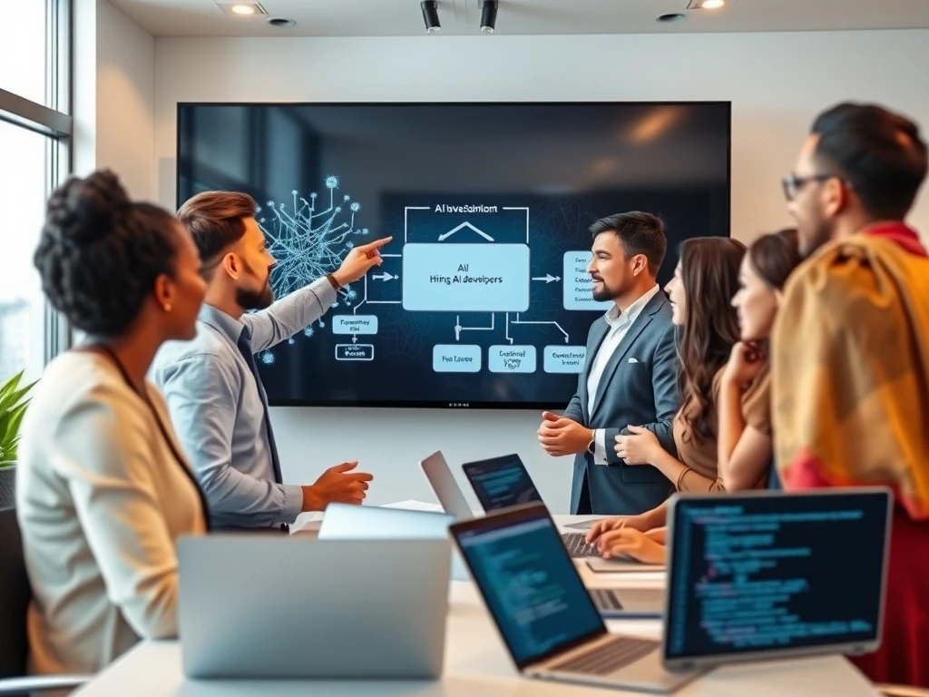 Professionals collaborating on a strategic plan for **hiring AI developers** in a modern office, emphasizing teamwork and future-focused talent acquisition.