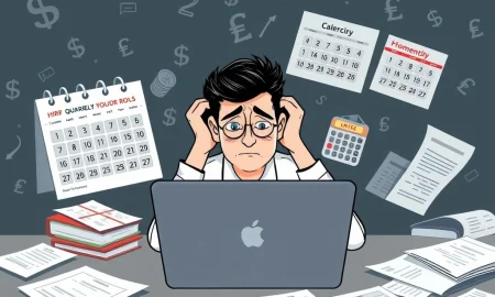 A person looking concerned while managing digital tax documents, highlighting the new HMRC quarterly tax rules and potential fines.
