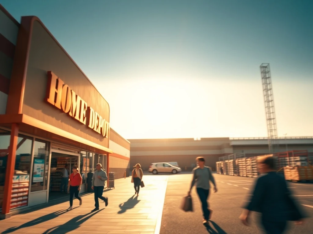 A bustling Home Depot store front representing its market expansion, effectively filling the void left by a major bankrupt retailer.