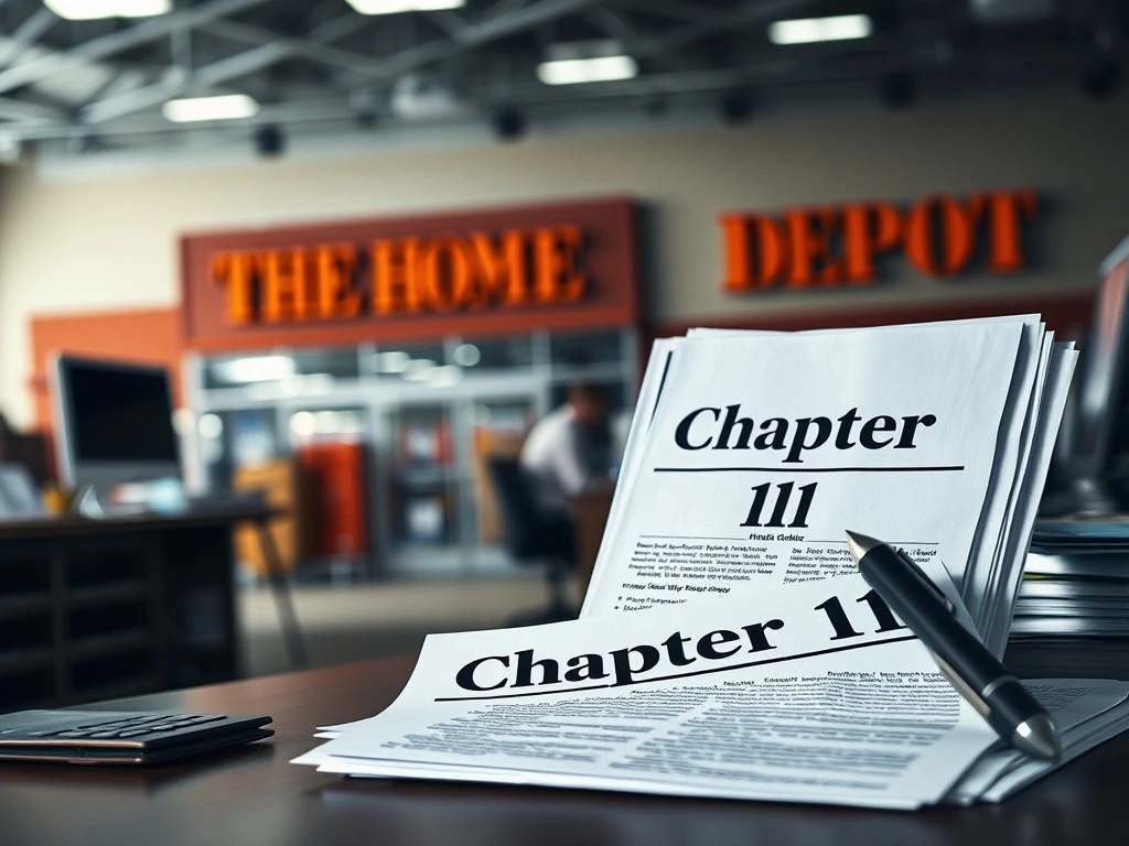 Documents detailing a **supplier bankruptcy** case, symbolizing the financial distress of a Home Depot supplier following significant ICE arrests.