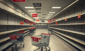 Home goods retailer bankruptcy liquidation sale with empty store shelves and closing signs
