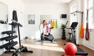 A person engaging in a full-body workout using modern Home Gym Equipment in a well-lit home gym.