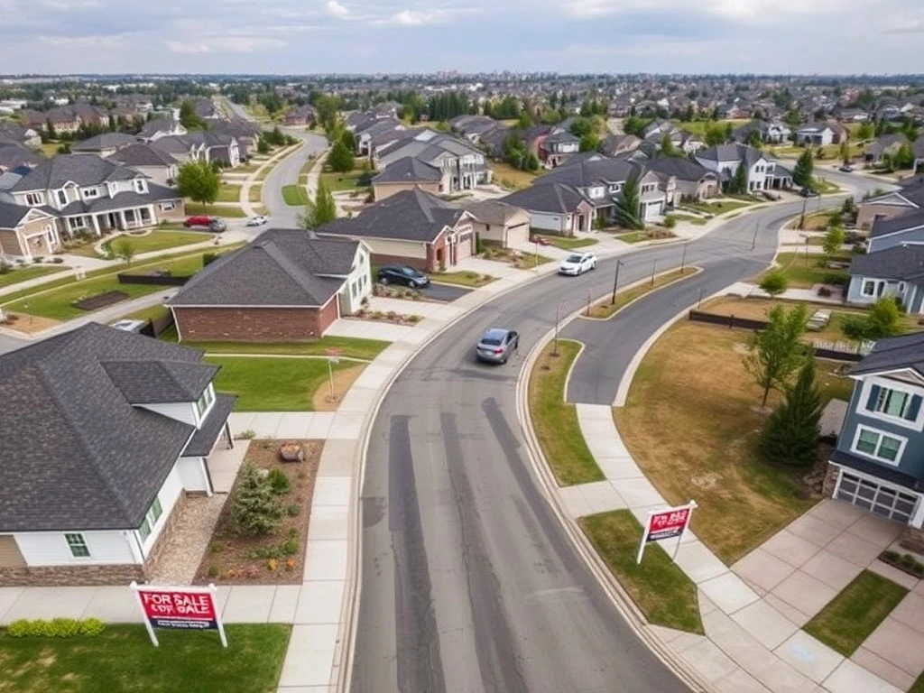 Home prices showing weakest growth in two years with for sale signs in quiet neighborhood