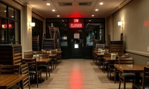 Hospitality job losses shown through closed restaurant with empty tables