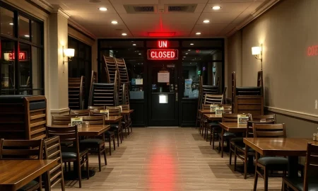 Hospitality job losses shown through closed restaurant with empty tables