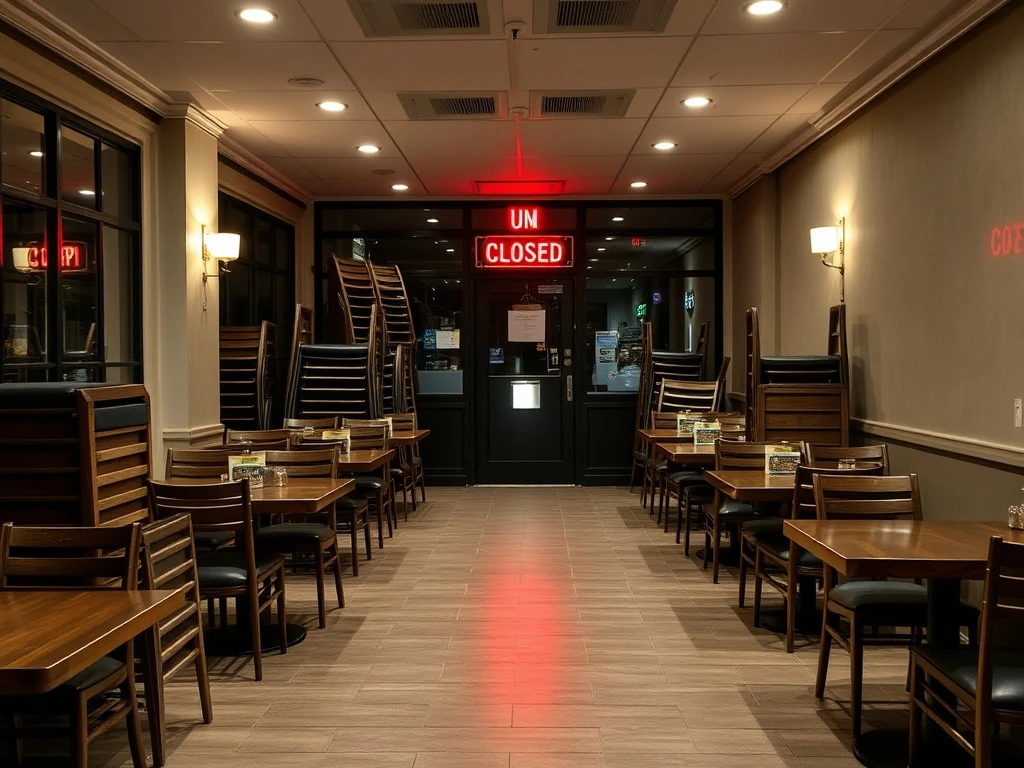 Hospitality job losses shown through closed restaurant with empty tables