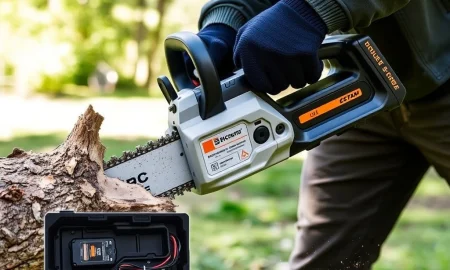 Modern cordless chainsaw demonstrating efficient wood cutting with advanced battery technology