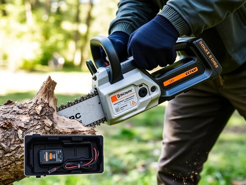 Modern cordless chainsaw demonstrating efficient wood cutting with advanced battery technology