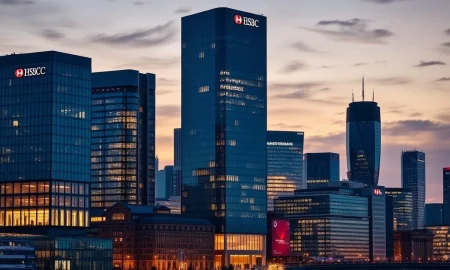 The iconic HSBC building standing tall in London's bustling Canary Wharf financial district, symbolizing the bank's renewed commitment to the area and its office strategy.