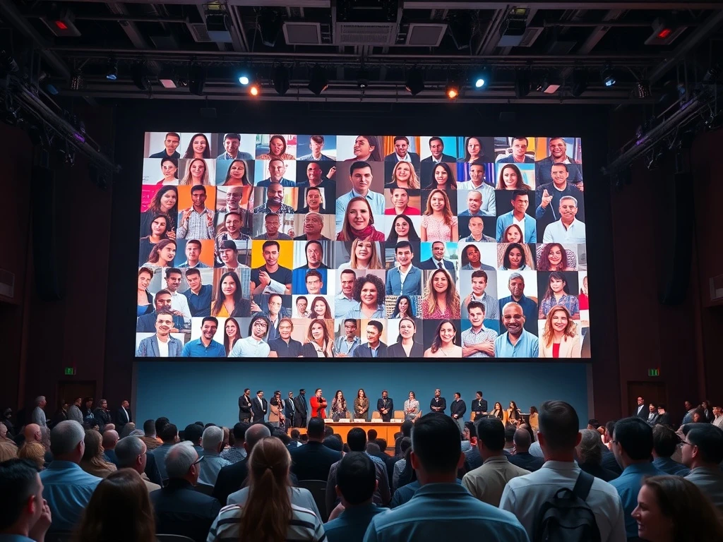 A dynamic visual representing how hybrid events seamlessly merge virtual and physical audiences for enhanced engagement.