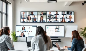 Hybrid teams collaborating in modern flexible workspace with remote participants