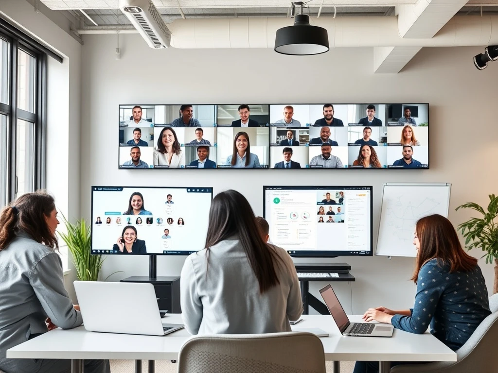 Hybrid teams collaborating in modern flexible workspace with remote participants