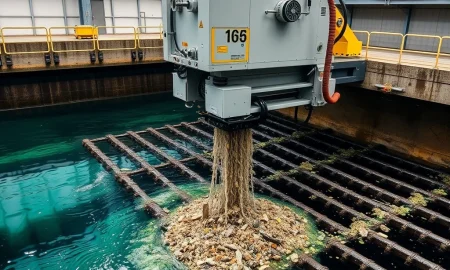 Hydraulic trash rack cleaning machine removing debris from water intake with advanced scanning technology