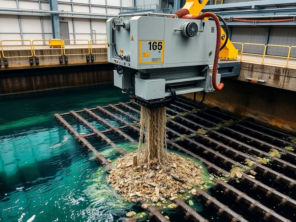 Hydraulic trash rack cleaning machine removing debris from water intake with advanced scanning technology