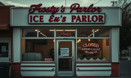 Front view of an iconic **ice cream shop closing** its doors after 42 years, signaling challenges for local businesses.