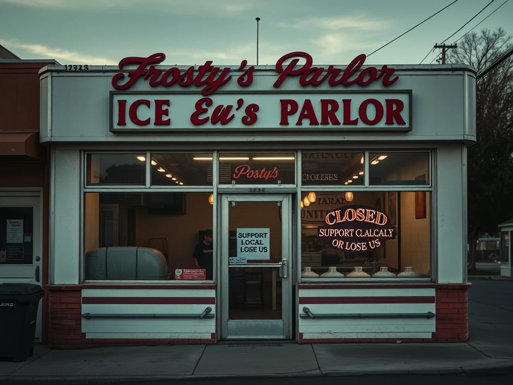 Front view of an iconic **ice cream shop closing** its doors after 42 years, signaling challenges for local businesses.