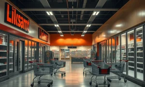 Empty store after Chapter 11 bankruptcy showing abandoned retail space with faded signage