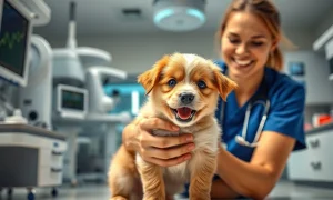 A veterinarian examining a healthy puppy in a modern clinic, showcasing the growth and innovation of Idexx Laboratories in animal health.