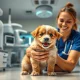 A veterinarian examining a healthy puppy in a modern clinic, showcasing the growth and innovation of Idexx Laboratories in animal health.