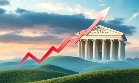 A graph showing an upward trend in the inflation rate, with a hand pointing towards a potential Federal Reserve rate cut.