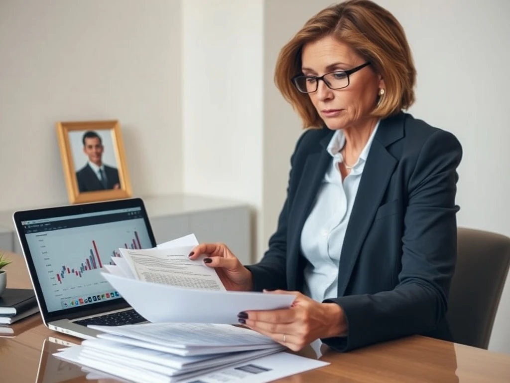 A woman meticulously reviews documents concerning her inherited 401(k) after a spouse's passing, illustrating the challenge of navigating complex financial rules.