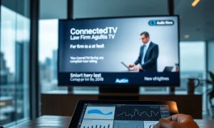 A modern legal tech firm's office showcasing compliant Connected TV solutions for injury lawyer marketing, symbolizing innovation.