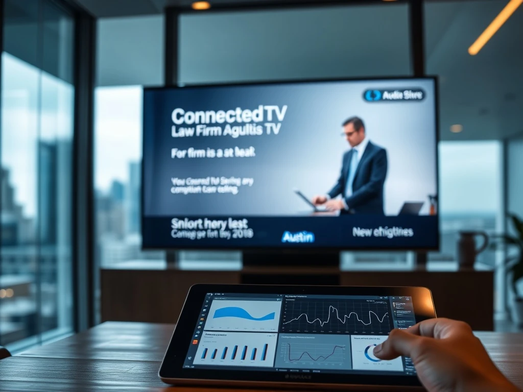 A modern legal tech firm's office showcasing compliant Connected TV solutions for injury lawyer marketing, symbolizing innovation.