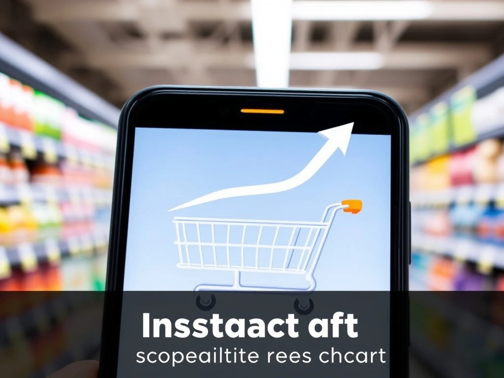 A smartphone displaying an Instacart grocery app with an upward trend arrow, representing the success of Instacart competitive pricing and rising demand.