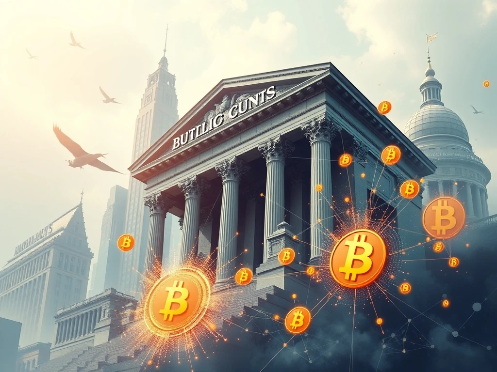 Depiction of traditional financial institutions like banks integrating with digital assets, symbolizing the rise of institutional crypto dominance.