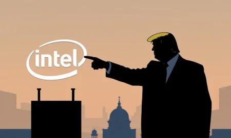 Illustration showing political pressure on Intel CEO, highlighting concerns over US-China business relations and leadership.
