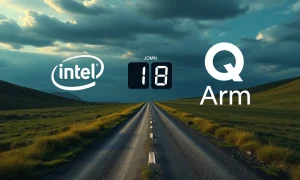 A visual metaphor showing a critical crossroads for Intel's future, with competing paths representing Qualcomm and Arm, highlighting the urgency of the decision.