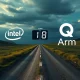 A visual metaphor showing a critical crossroads for Intel's future, with competing paths representing Qualcomm and Arm, highlighting the urgency of the decision.