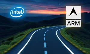 A visual metaphor depicting Intel's future at a crossroads, with Qualcomm and Arm as challenging paths.