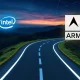 A visual metaphor depicting Intel's future at a crossroads, with Qualcomm and Arm as challenging paths.