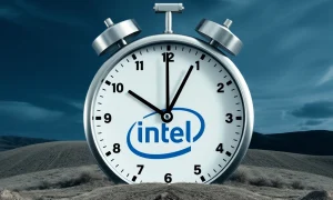 A stylized clock ticking down, with Intel's logo at the center, surrounded by competing Qualcomm and Arm logos, symbolizing the urgency for Intel's future.