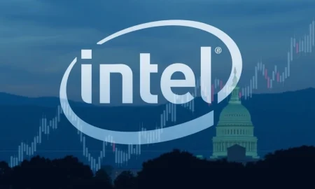 Visualizing the surge in Intel stock performance, with a subtle nod to potential government policy impacting its future growth.