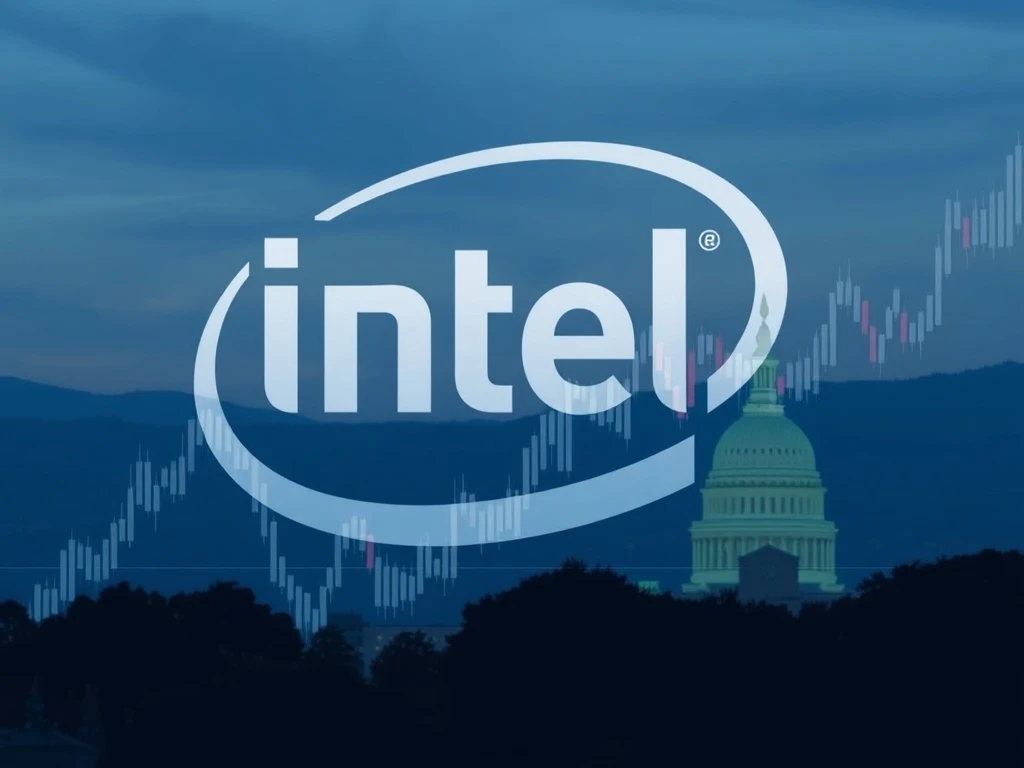 A visual representation of Intel stock performance, showing an upward trend and the potential impact of government financial aid on semiconductor manufacturing.
